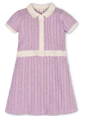 Hope & Henry Lilac Cable-Knit Polo Dress with Cream Trim for Girls organic 5